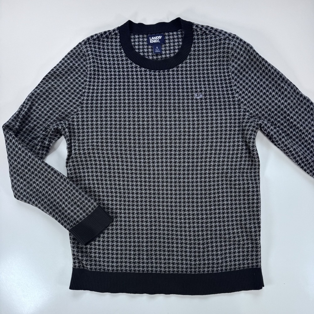 LANDS END Drifter Cotton Modal Crewneck Sweater Mens Small‎ Houndstooth Gray